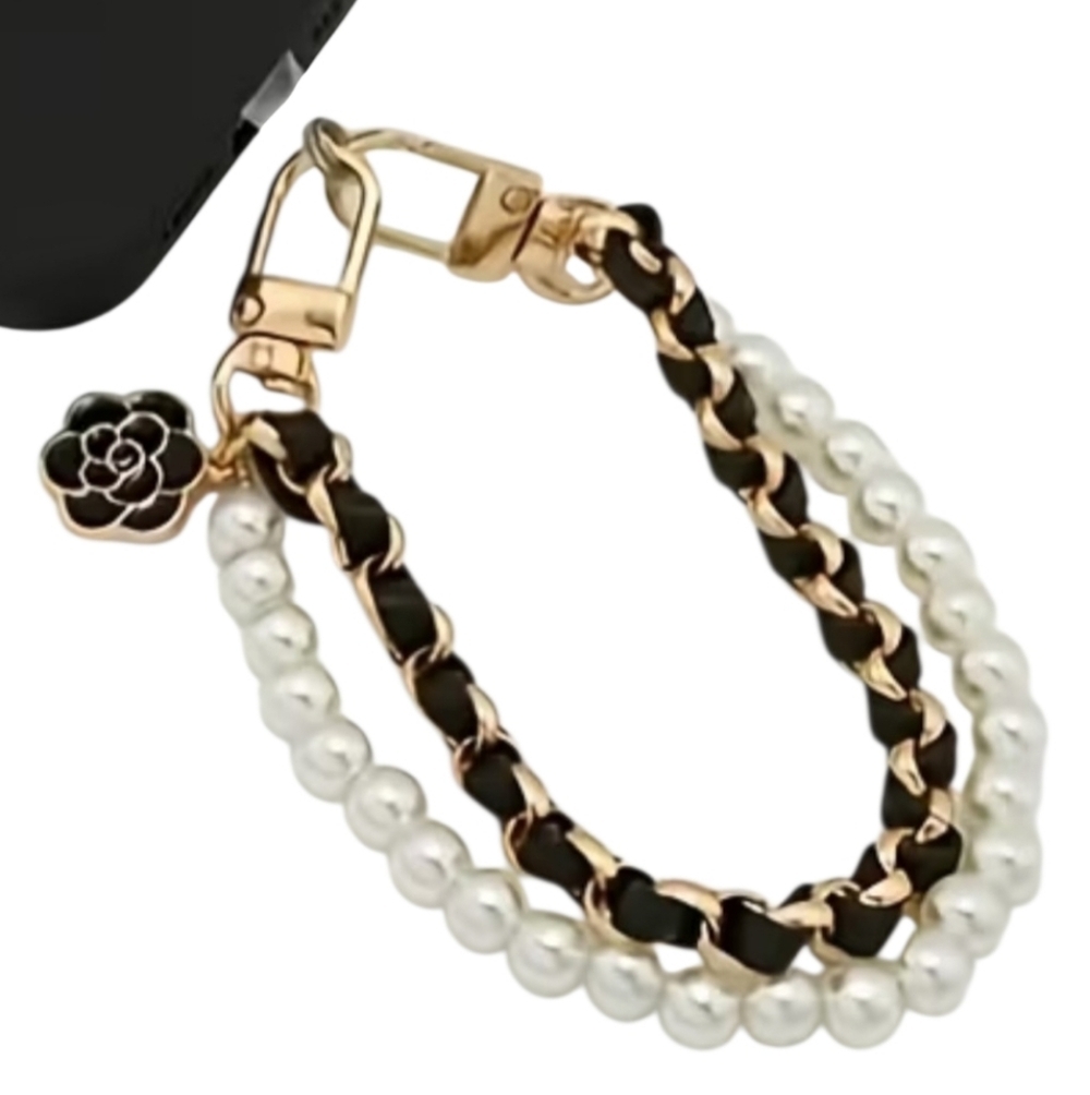 Black and Gold Chain Charm with Pearl Accents - Phone Wristlet Strap